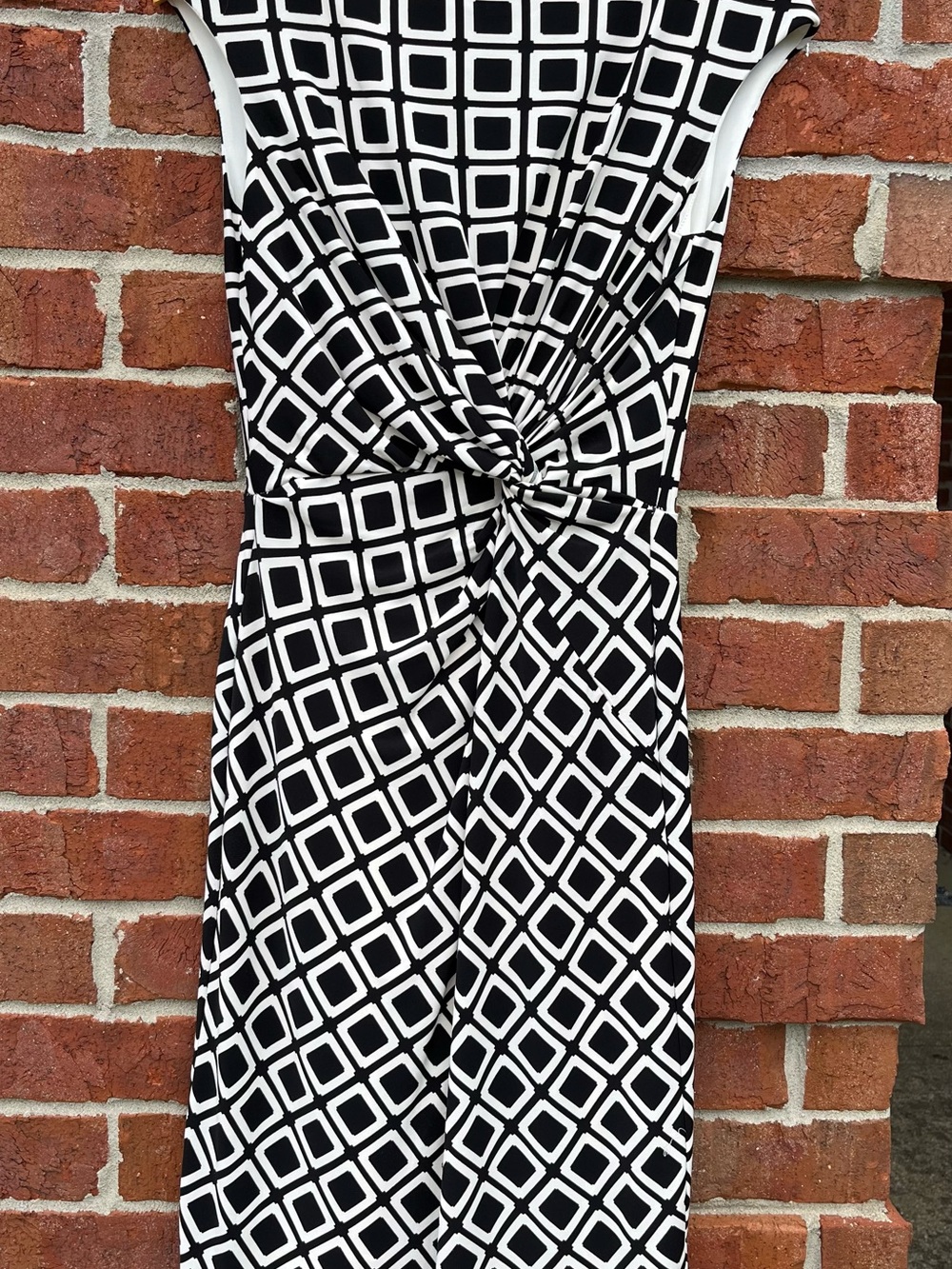 Ralph Lauren Black and White Geometric Knot-Front Midi Dress